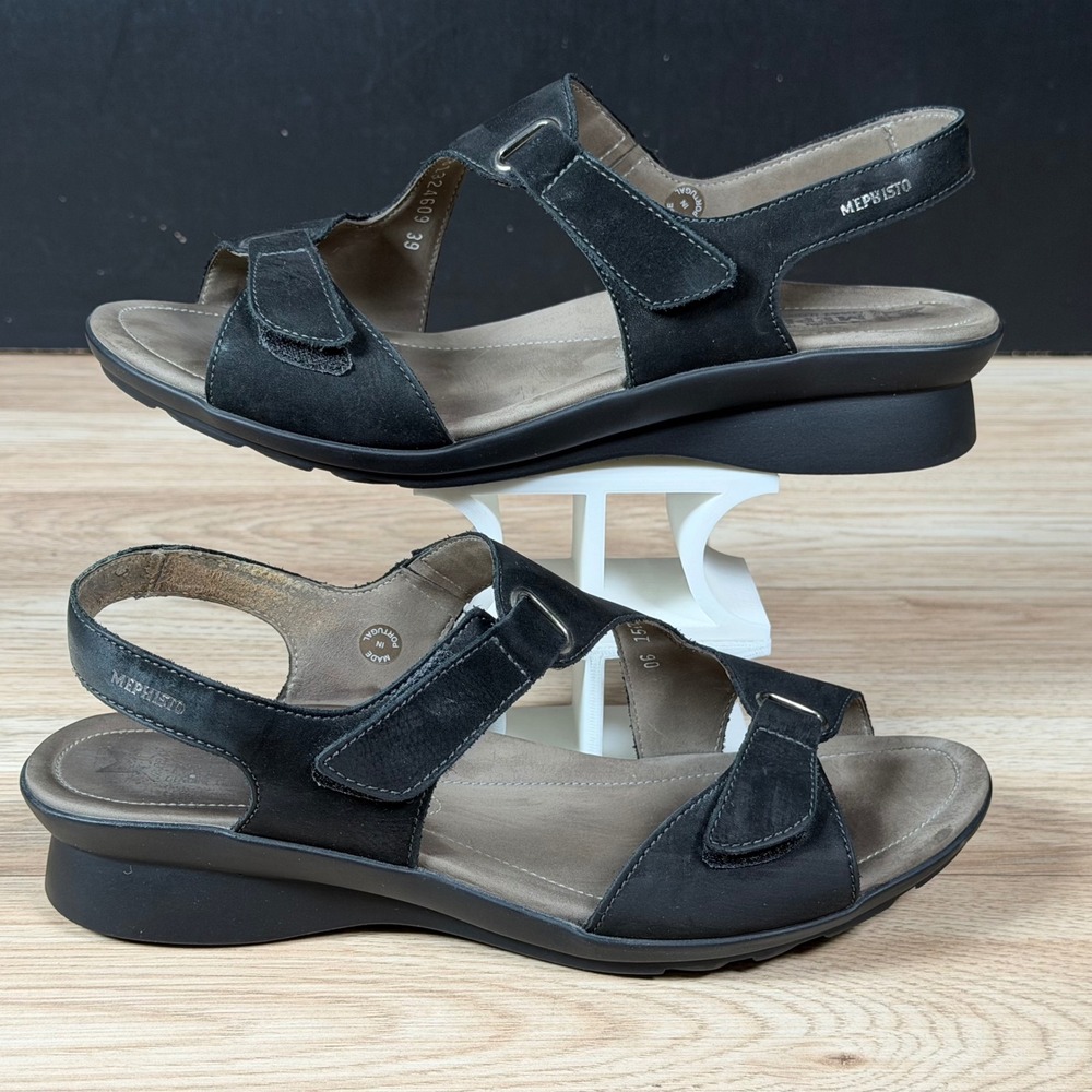 Mephisto Paris Sandals Womens Size 8.5 Black Leather Wedge Slingback Strappy